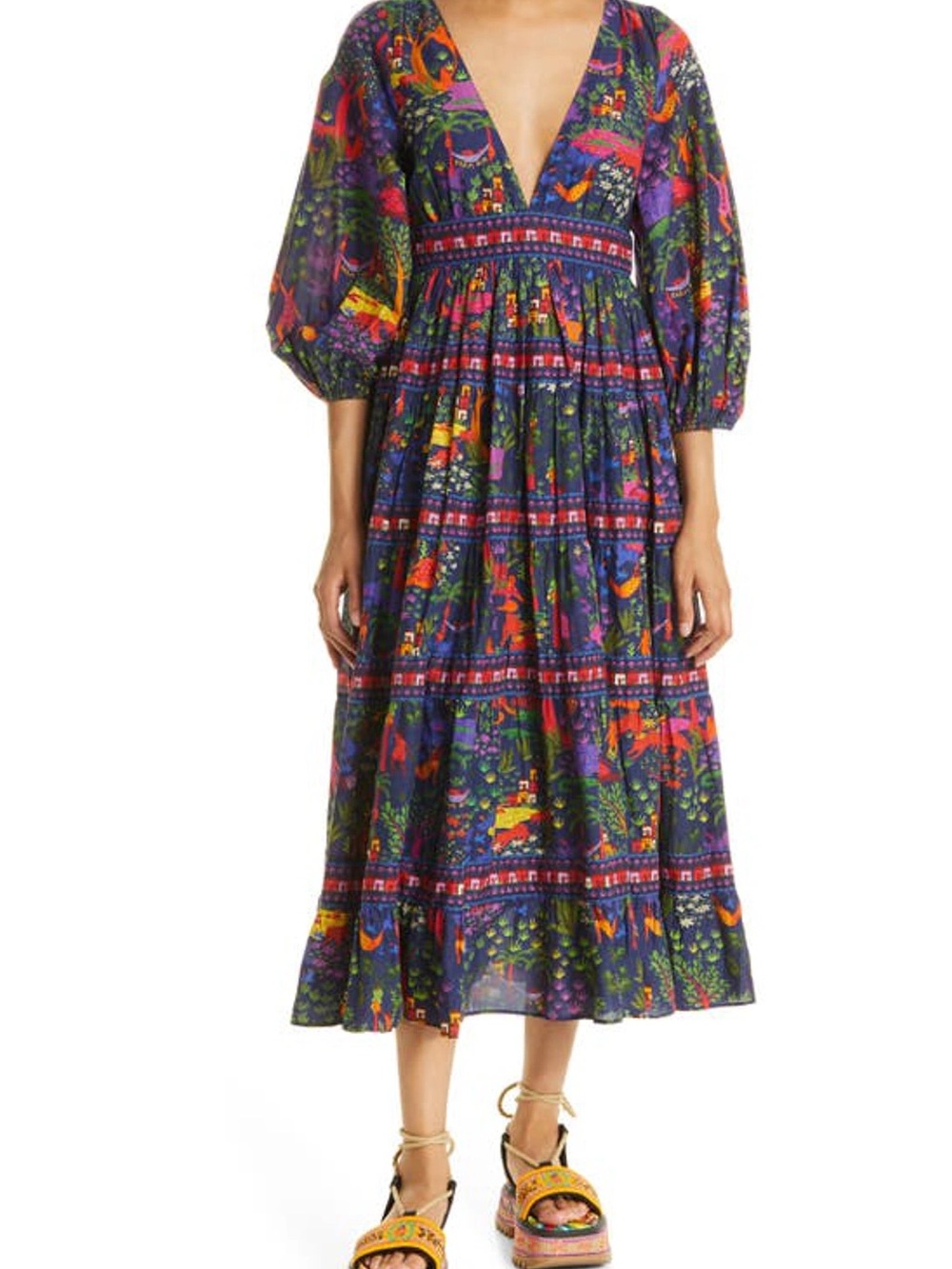 Farm Rio Utopia Puff Sleeve Tropical Midi Tier Dress NEW - Picture 3 of 11